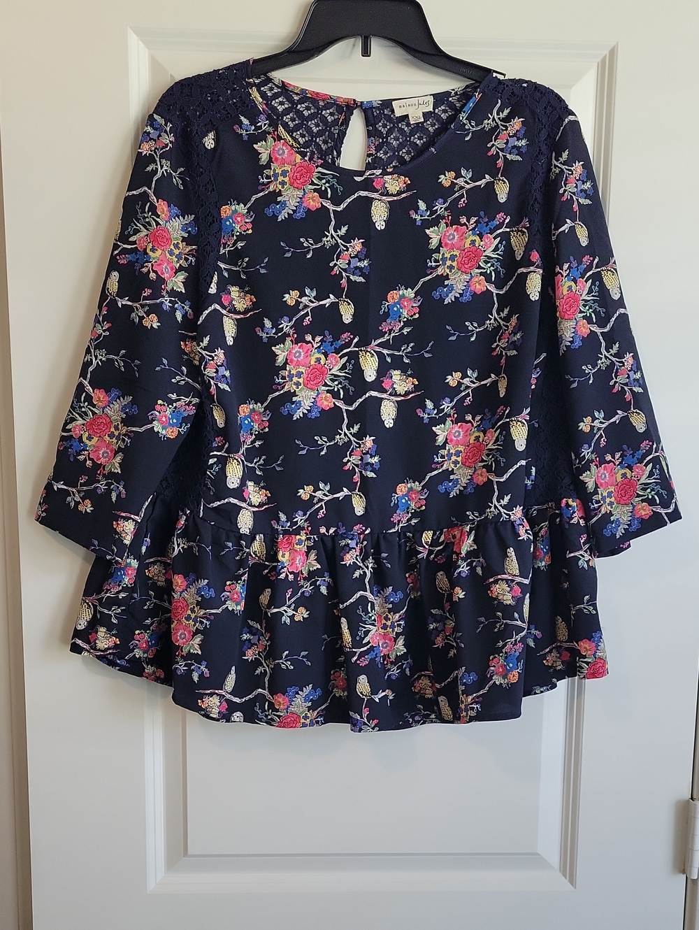 Maison Jules Navy Floral Peplum Top with Pink and Blue Blooms